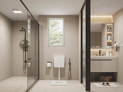 Modern Bathroom Interior With Glass Shower Window Smart Toilet And Vanity Mirror 3d model