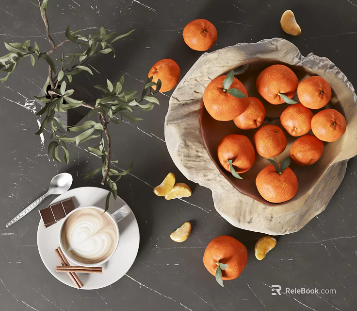 Fresh Ripe Tangerines in a Rustic Bowl with Coffee Cinnamon and Green Leaves 3d model 