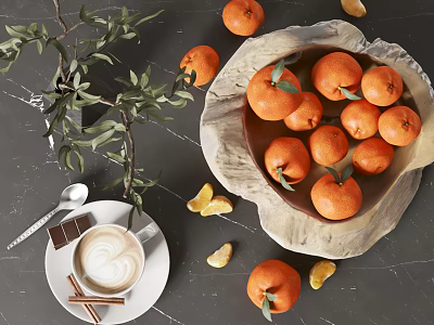 Fresh Ripe Tangerines in a Rustic Bowl with Coffee Cinnamon and Green Leaves 3d model