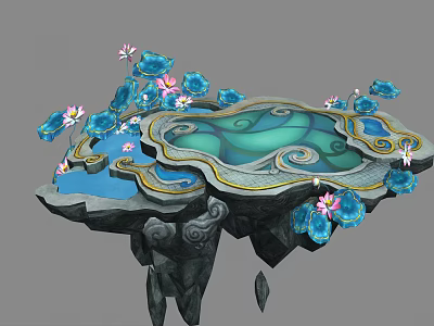 Cartoon Scene of Floating Island with Blue Pond Lotus Flowers Cloud Decorations and Rocks 3d model