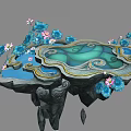 Cartoon Scene of Floating Island with Blue Pond Lotus Flowers Cloud Decorations and Rocks