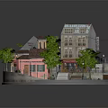 Cartoon Village Scene With Colorful Rooftops Trees Stone Path Stairs And Red Awnings
