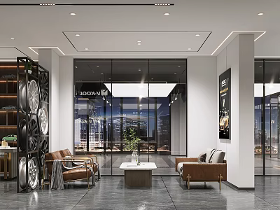 Modern 4S Showroom Interior With Sofas Coffee Table And Wheels 3d model