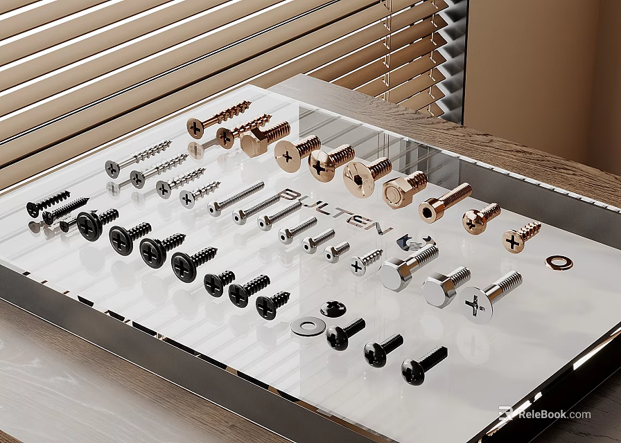 Various Hardware Tools Including Screws Bolts And Fasteners On Transparent Display Stand 3d model