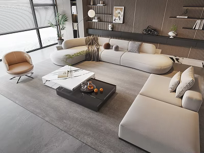Modern Luxury Living Room Beige L Shaped Sofa With Black Coffee Table And Green Plants 3d model