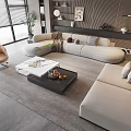 Modern Luxury Living Room Beige L Shaped Sofa With Black Coffee Table And Green Plants