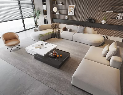 Modern Luxury Living Room Beige L Shaped Sofa With Black Coffee Table And Green Plants 3d model