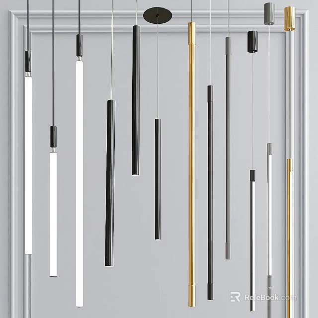 Modern Pendant Lights With Long Cylinder Shapes In Black White Gold Metal For Interior Decor 3d model 