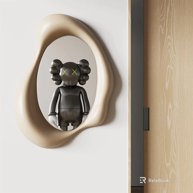 Irregular Shaped Beige Frame Mirror Reflecting Black Doll With X Eyes In Modern Interior 3d model 