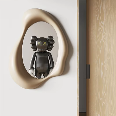 Irregular Shaped Beige Frame Mirror Reflecting Black Doll With X Eyes In Modern Interior 3d model