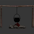 Wooden Tripod Structure With Hanging Cauldron Over Stone Fire Pit