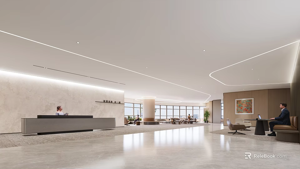 Modern Front Desk Reception Area With Marble Counter Ambient Lighting And Spacious Sofas 3d model