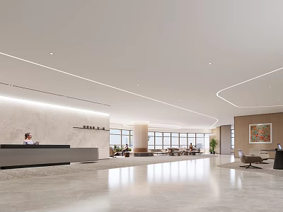 Modern Front Desk Reception Area With Marble Counter Ambient Lighting And Spacious Sofas 3d model