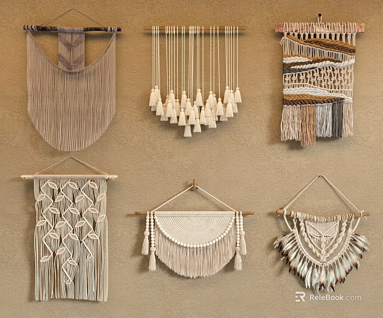 Woven Curtains With Various Designs In Neutral Tones For Home Wall Decor 3d model 