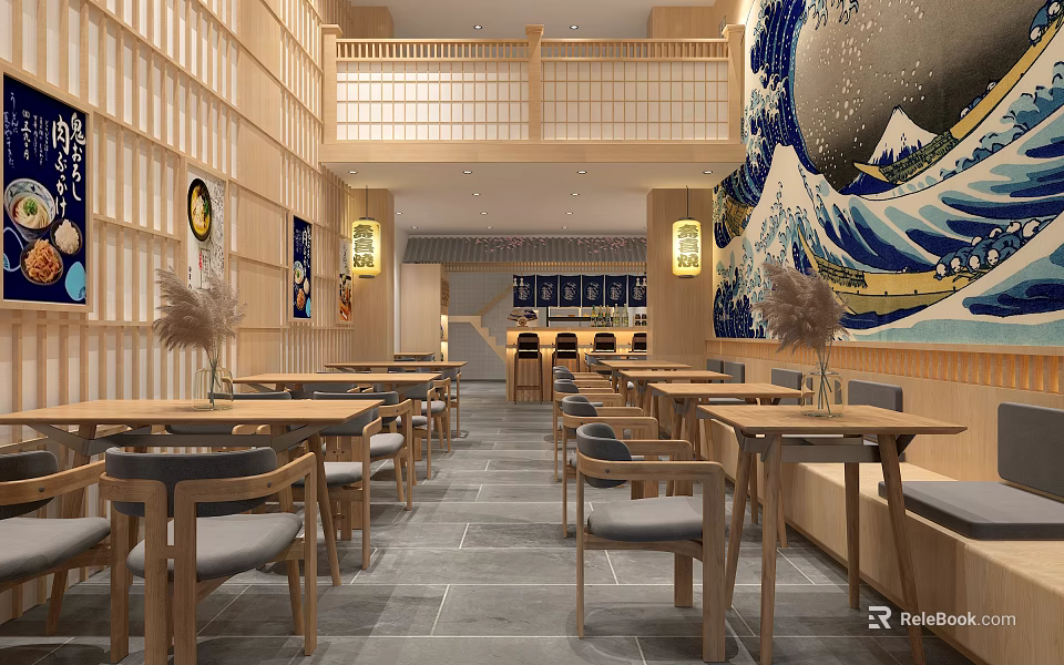 Traditional Japanese Restaurant Interior With Wooden Tables Two Story Design Great Wave Painting Lanterns 3d model 