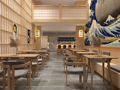 Traditional Japanese Restaurant Interior With Wooden Tables Two Story Design Great Wave Painting Lanterns 3d model