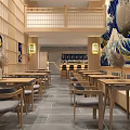 Traditional Japanese Restaurant Interior With Wooden Tables Two Story Design Great Wave Painting Lanterns