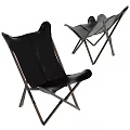 Black Leather Leisure Chair With Modern Butterfly Backrest And Crossed Metal Frame