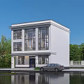 Modern Two Story Detached Villa With Large Glass Windows Lawn And Water Reflection