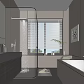 Modern Bathroom With Glass Shower Enclosure Bathtub Window Blinds Vanity Counter And Potted Plant