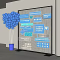 Blue Balloons Decorated Photo Check In Spot With Grid Background Board And Signboards