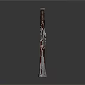 Ornate Engraved Revolver Featuring Long Barrel And Red Grip Design Elements