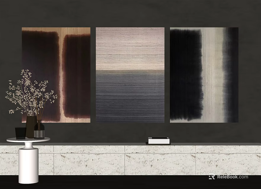 Modern Abstract Textured Wall Art with Decorative Vase on Dark Wall Background 3d model