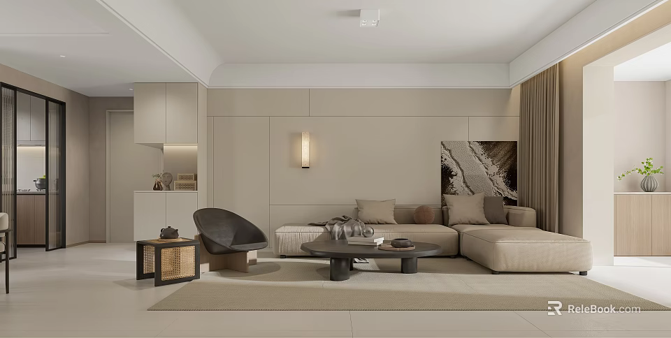 Modern Minimalist Living Dining Room Interior With Beige Walls L shaped Sofa And Artwork 3d model 