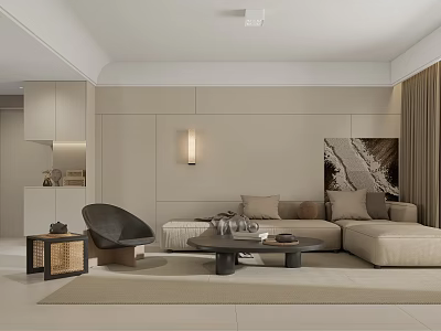 Modern Minimalist Living Dining Room Interior With Beige Walls L shaped Sofa And Artwork 3d model
