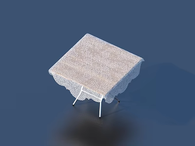 Elegant White Metal Table with Decorative Lace Tablecloth on Blue Surface 3d model