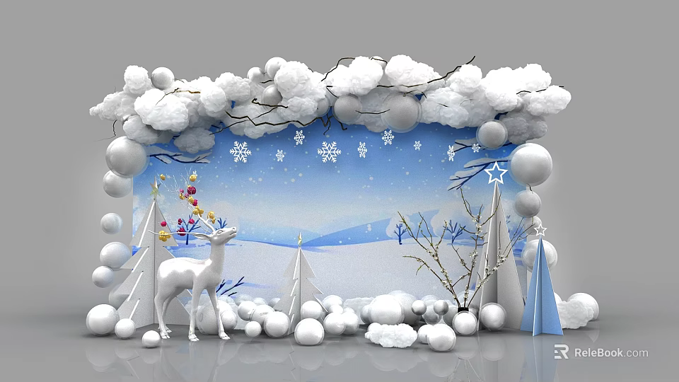 Winter Themed Decor Scene With Snowflakes Reindeer Balloons And Trees 3d model 