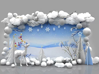 Winter Themed Decor Scene With Snowflakes Reindeer Balloons And Trees 3d model