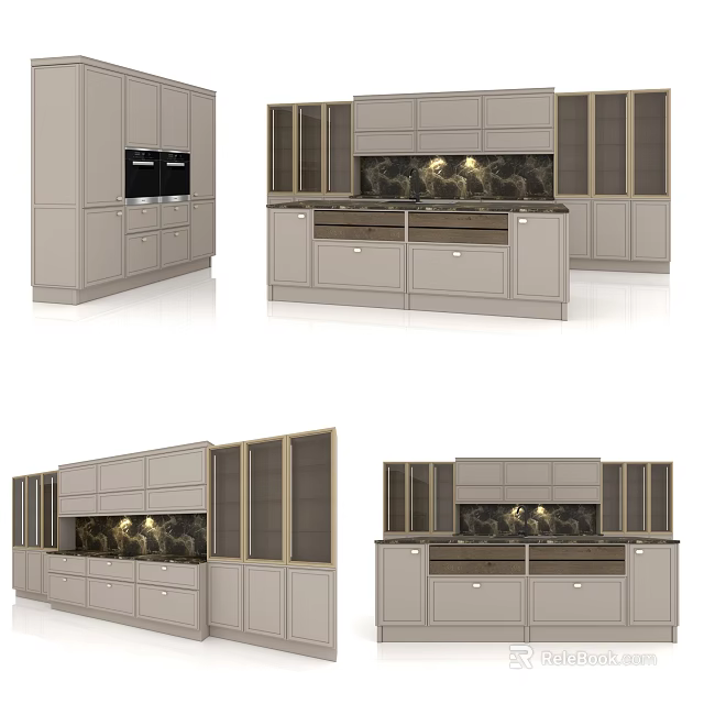 Modern Kitchen Interior Design With Marble Island Countertop And Glass Door Cabinets 3d model 
