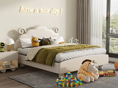 White Kids Bed with Cartoon Headboard Plush Toys Building Blocks Giraffe and Train 3d model