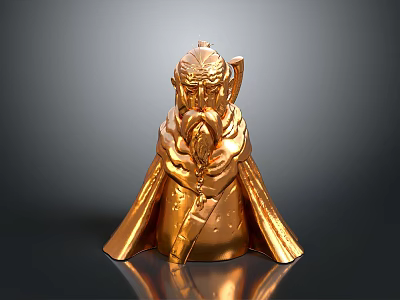 Old Man Bearded Golden Statue With Cloak Holding Staff Shiny Surface On Dark Background 3d model