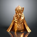 Old Man Bearded Golden Statue With Cloak Holding Staff Shiny Surface On Dark Background