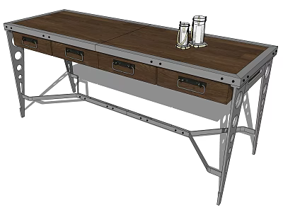 Functional Work Table With Wooden Top Metal Frame Drawers And Glass Jars 3d model