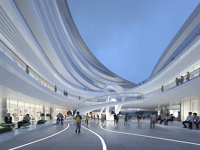 Modern Commercial Street With Curved Architecture Glass Facades Pedestrian Walkway People And Seating Areas 3d model