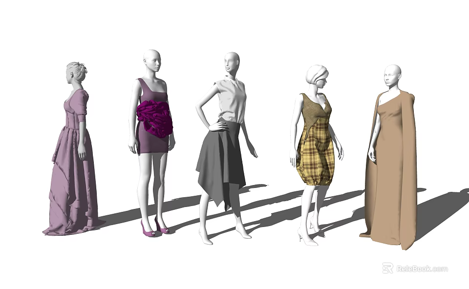 Fashion Clothing Mannequins Display Purple Grey Brown And Plaid Dresses Skirts And Gowns 3d model 