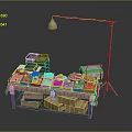 Colorful Food Stall Display With Red Tablecloth Food Boxes Floor Lamp And Folding Chair