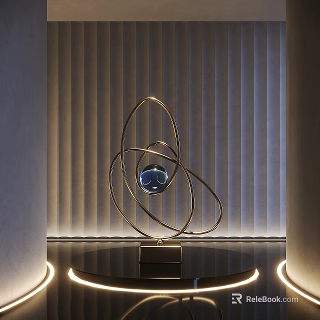 Contemporary Metallic Sculpture With Circular Rings Central Blue Sphere On Black Base And Modern Lighting 3d model 