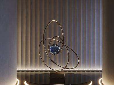 Contemporary Metallic Sculpture With Circular Rings Central Blue Sphere On Black Base And Modern Lighting 3d model