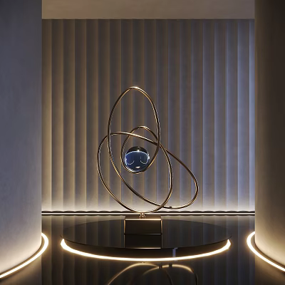 Contemporary Metallic Sculpture With Circular Rings Central Blue Sphere On Black Base And Modern Lighting 3d model