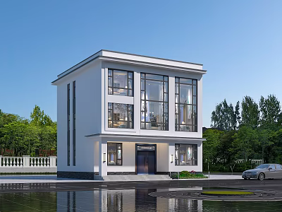 Modern Two Story Detached Villa With Large Glass Windows Lawn And Water Reflection 3d model