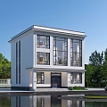 Modern Two Story Detached Villa With Large Glass Windows Lawn And Water Reflection