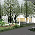 Modern Park Landscape With Tall Trees Green Grass White Structures And Wide Pathway