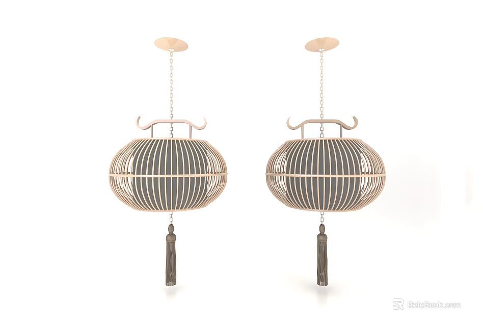 Elegant Birdcage Shaped Chandeliers With Golden Chain Grid Shade And Black Tassel 3d model 