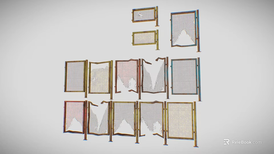 Decorative Mesh Screen Partitions With Wooden Frames And Multicolor Grid Designs 3d model