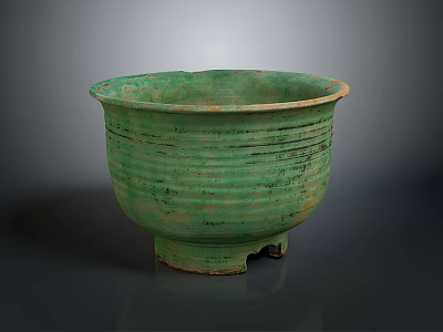 Ancient Green Ceramic Sculpture Carving with Striped Patterns and Footed Base Design 3d model