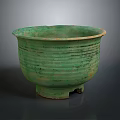 Ancient Green Ceramic Sculpture Carving with Striped Patterns and Footed Base Design 3d model